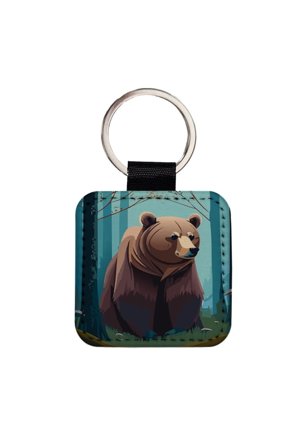 Bear in Forest Woodland Wilderness Faux Leather Square Keychain