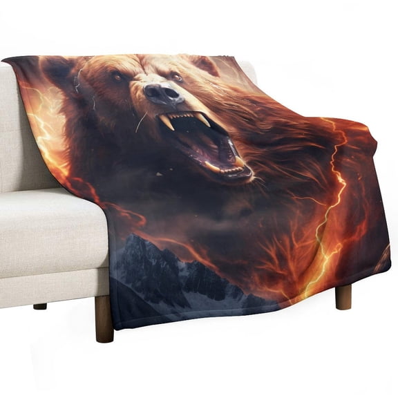 Bear in Mountains with Thunder Super Soft Blanket Flannel Throw Blanket Flannel Microfiber Blankets for Couch Bed Sofa Fluffy and Warm 50"x60"