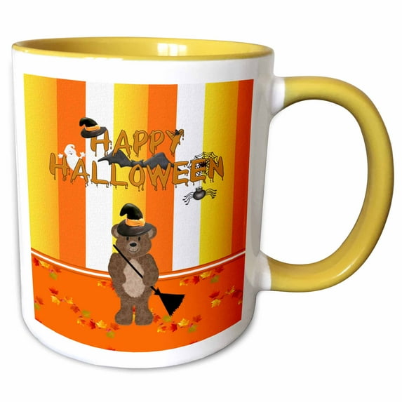 Bear in Witch Hat with Broom with Leaves on Ground, Halloween 15oz Two-Tone Yellow Mug mug-212234-13