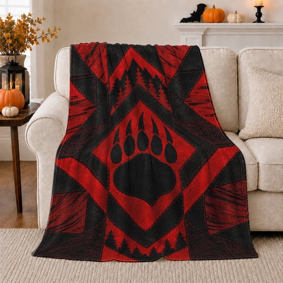 Bear paw pine forest red black geometric Flannel Blanket for cabin living room rustic lodge Home Decor woodland outdoor pattern Gift for hikers campers outdoorsmen