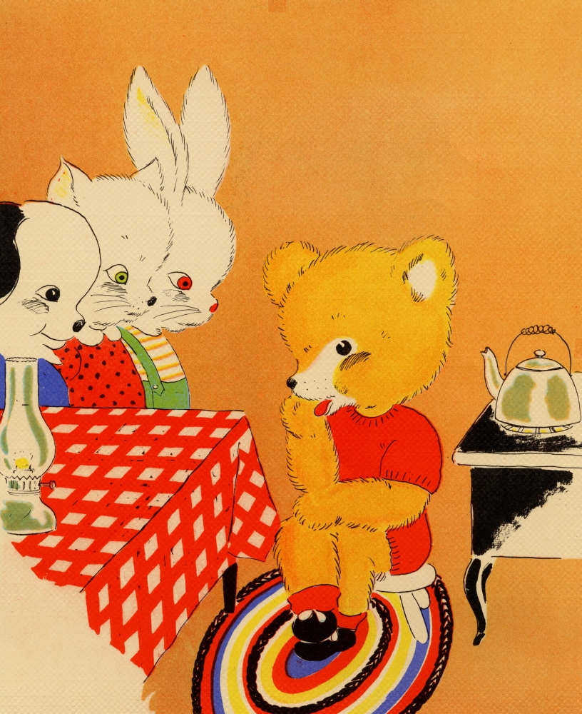 Bear sits waiting for tea  to boil as Cat, dog and bunny look on Poster Print (24 x 36) - image 1 of 1