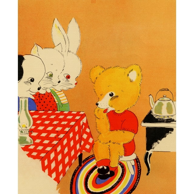 Bear sits waiting for tea  to boil as Cat, dog and bunny look on Poster Print (24 x 36)