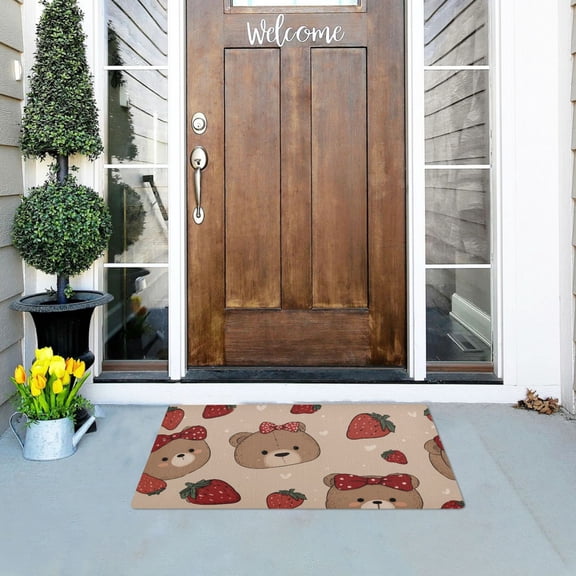 Bear with Bows Strawberries Cute Doormats Welcome Mats Gate Pads Entryway Outdoor 32" x 20"