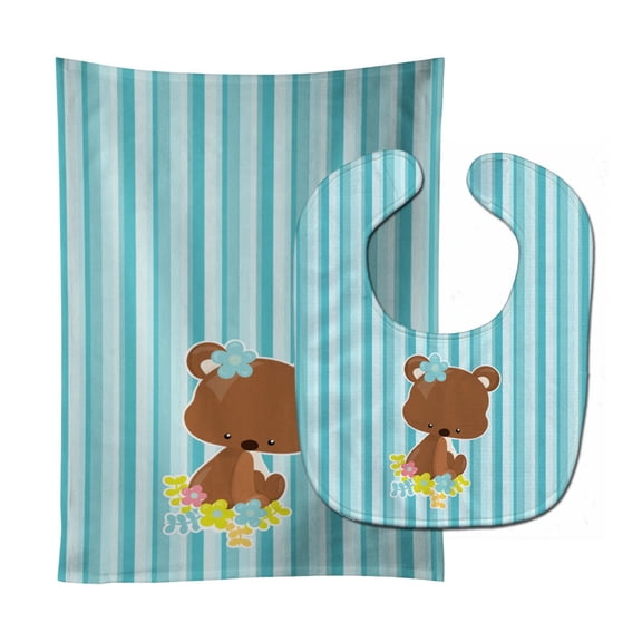 Bear with Flowers Baby Bib and Burp Cloth
