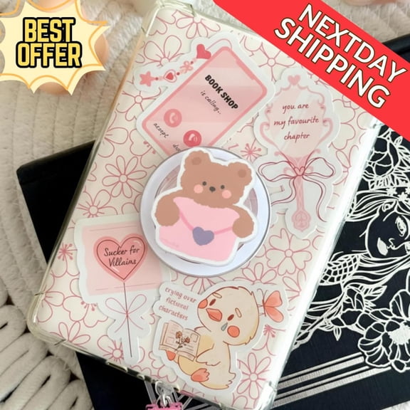 Bear with Heart Envelope Magnetic Phone Grip Cute Kawaii Phone Stand with Bear Holding Heart Bag, Phone Holder for Animal Lovers & Teens