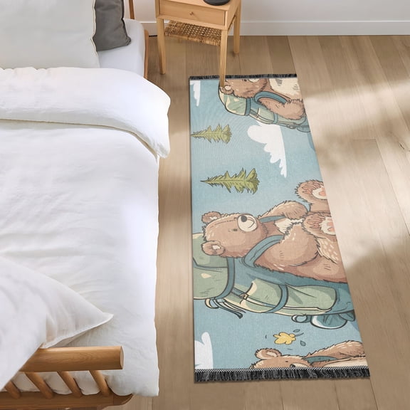 Bear with Hiking Bags Trees Bedside Runner Rug 2'x 6' Non Slip Carpet Floor Mat Area Rug