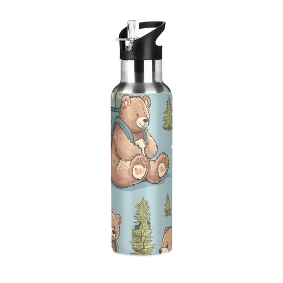 Bear with Hiking Bags Trees Sports Bottle with Straw Stainless Steel Water Jug Portable Thermal Cup Leak-proof 1000ML