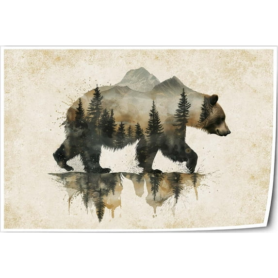 Bear with Mountain Wall Artwork for Kitchen Painting Panels Print for Living Room Horizontal Poster for Bedroom Giclee Artwork Wall Canvases