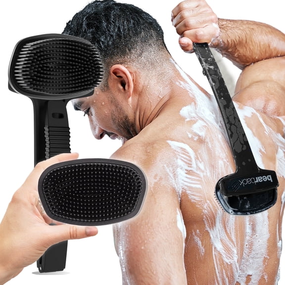 Bearback Back Scrubber for Shower, Stiff Silicone Bristles, Folding 17 Inch Handle, Exfoliating Body Brush for Men and Women