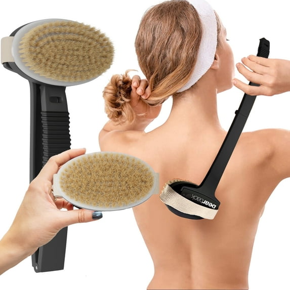Bearback Dry Brushing Body Brush with Natural Bristles - Exfoliating Brush for Wet or Dry Brushing | Long Folding Handle, Removable Brush Head