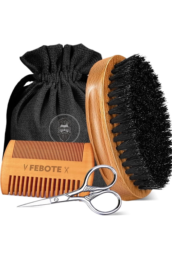Beard Brush & Comb Grooming Kit for Men  Includes Scissors & Travel Bag  Unique Gift for Him