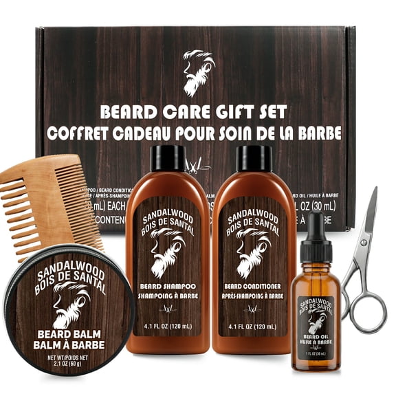 Beard Care Gift Set for Men, 6Pcs Premium Sandalwood Beard Grooming Kit with Beard Shampoo Conditioner Oil Balm Comb Scissors, Beard Kit Birthday Father’s Day Gifts for Him Dad Husband