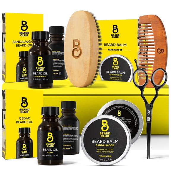 The Beard Club Beard Kit for Men - Grooming & Care Kit - Cedar & Sandalwood Oil, Sandalwood Balm, Boar Bristle Brush, Comb, Trimming Scissors - Dad Gift Set