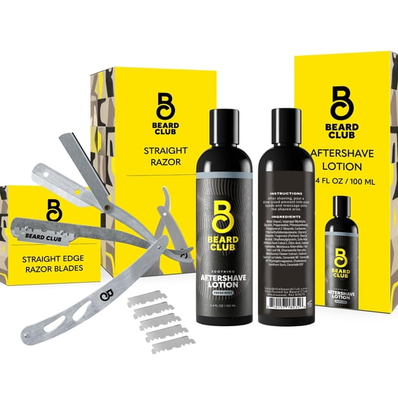 Beard Club Straight Razor for Men & Aftershave for Men  Soothing After Shave Lotion & Navajas Para Barbero - Barber Straight Edge Razor Kit with Post Shave Balm Calms Irritation, 5 Blades - Gift Kit
