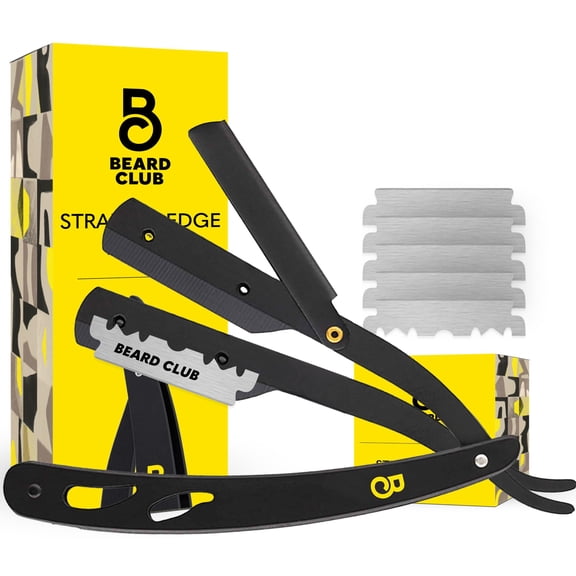The Beard Club Straight Edge Razor Kit for Men with Single Derby Blade and 5 Replaceable Stainless Steel Blades, Barber Shaving Razor, Black