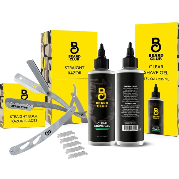 Beard Club Straight Razor for Men & Premium Shaving Gel for Men  Hydrating Mens Shave Cream for Sensitive Skin & Navajas Para Barbero - Barber Straight Edge Razor Kit, 5 Blades, Cedar Scent Gift Kit