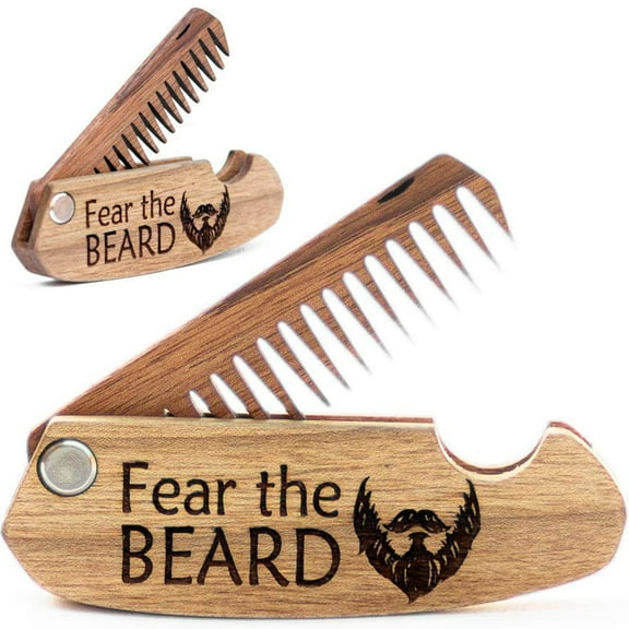 Enjoy The Wood Beard Comb Gifts for Him Wooden Comb for Men Folding Pocket Comb for Moustache Beard Hair Walnut Combs Husband Anniversary Gift with the Engraving (Fear The Beard)