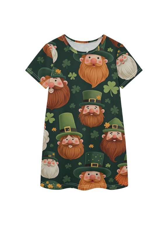 Beard Green Elf Pattern Girls' Casual Dresses Short Sleeve Cotton Dress for School Daily Wear 2T