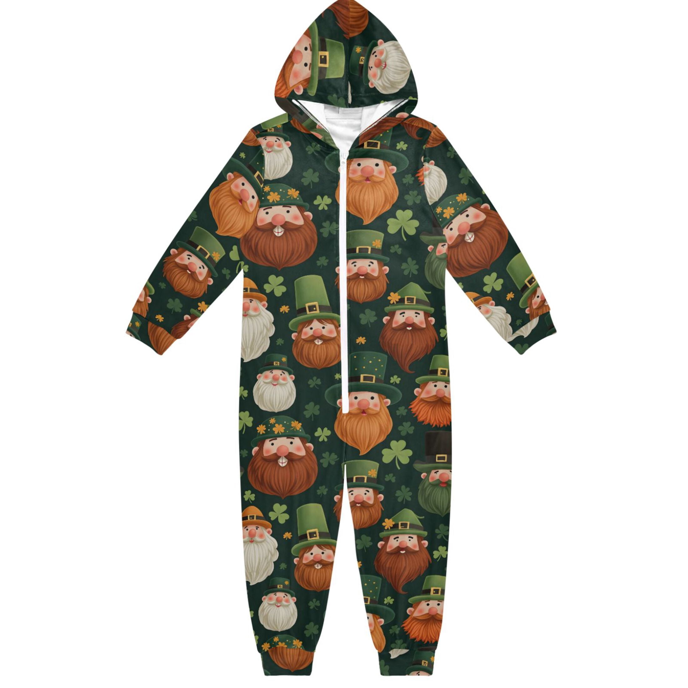Beard Green Elf Pattern One Piece Pajamas Soft Jumpsuit Cozy Sleep and Play Romper Zipper and Pockets 13Y-14Y