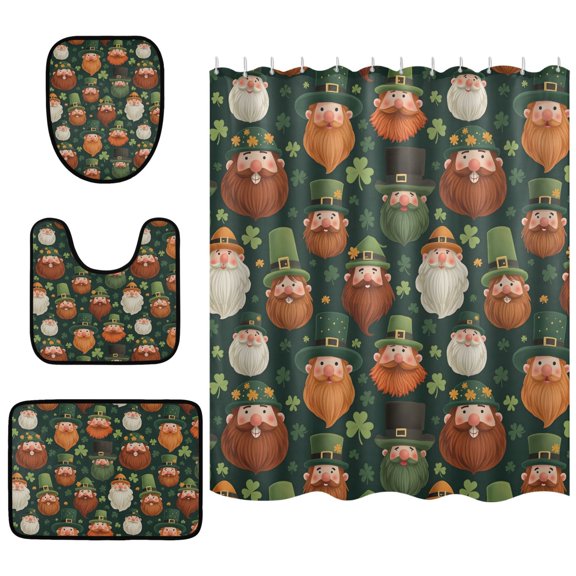 Beard Green Elf Pattern Shower Curtain Sets 4 Piece Waterproof Bathroom Set with Non Slip Mats 66x72in