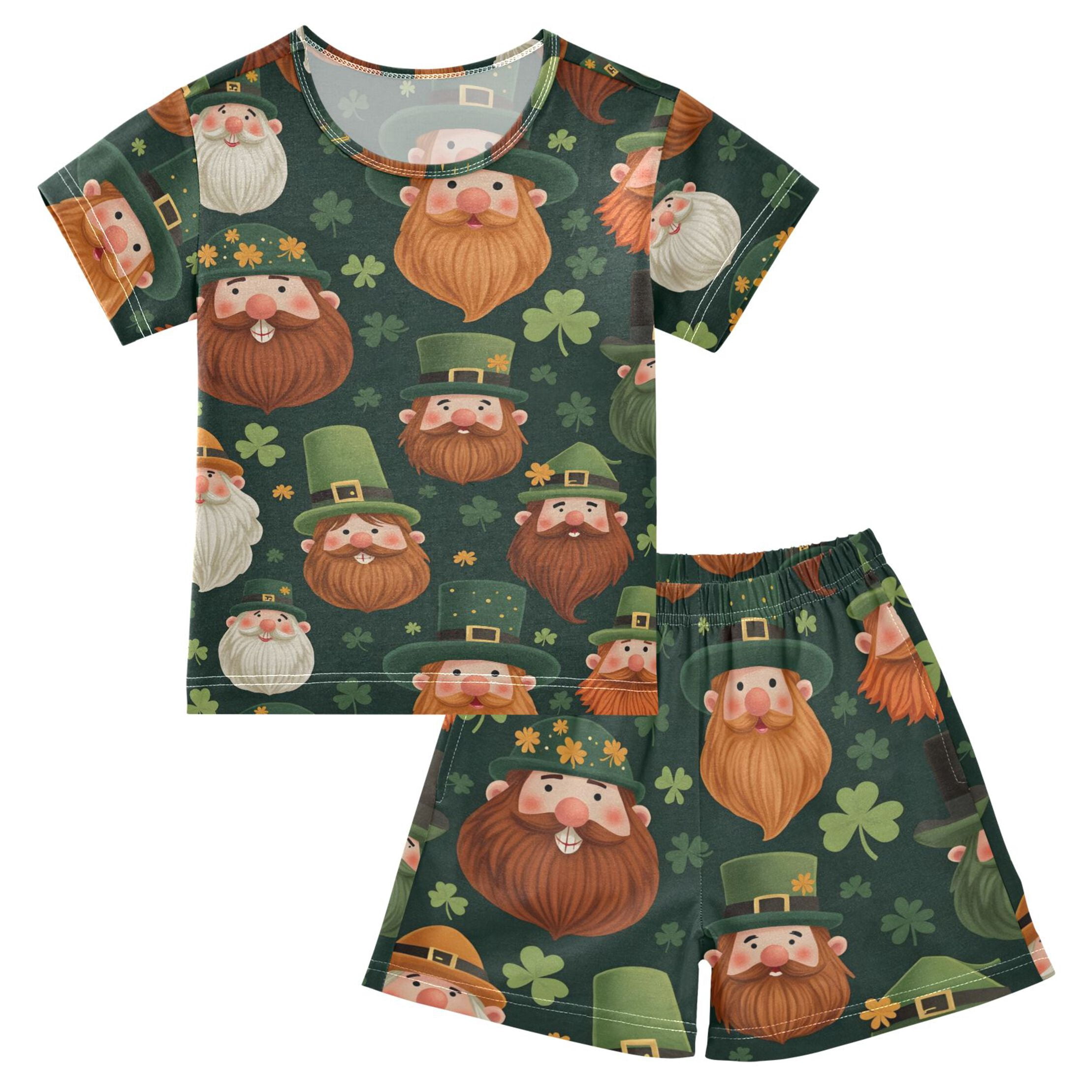 Beard Green Elf Pattern Summer Pajama Set Soft Cotton Short Sleeve Sleepwear 2PCS Pajama Sets Breathable Lounge Set Size 6Y