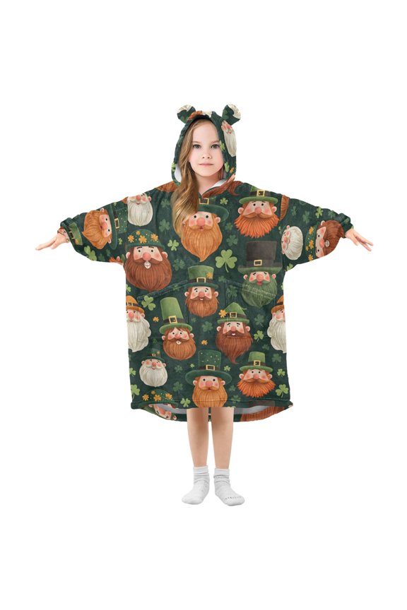 Beard Green Elf Pattern Wearable Blanket Hoodie Oversized Flannel Soft Warm Cozy 3-14 Age Small
