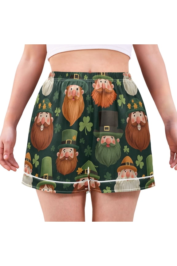 Beard Green Elf Pattern Women's Pajama Shorts Silky Satin Casual Lounge Sleep Zero Pressure