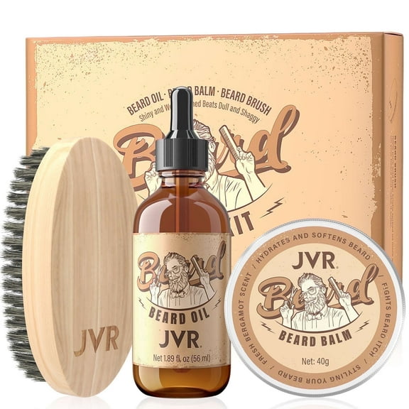 JVR Beard Care Kit for Men Includes 100% Boar Brush, Oil and Balm Beard Care Daddy Gifts for Men Dad Husband Boyfriend