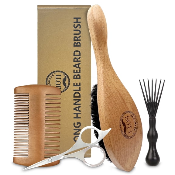 BOTI Beard Brush, Natural Boar Bristles Beard Brush with Handle for Men and Double-Sided Serrated Solid Wood Beard Comb Facial Hair Grooming Kit with Mustache Scissors as a Styling Tool.