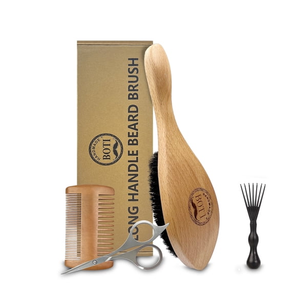 BOTI Beard Brush, Natural Boar Bristles Beard Brush with handle for Men and Double-sided serrated solid wood beard comb Facial Hair Grooming Kit with Mustache Scissors as a Styling Tool.