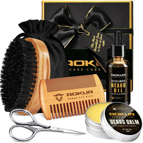 Beard Grooming Kit for Men with Brush, Comb, Oil, Balm & Scissors Gift Box for Dad or Boyfriend