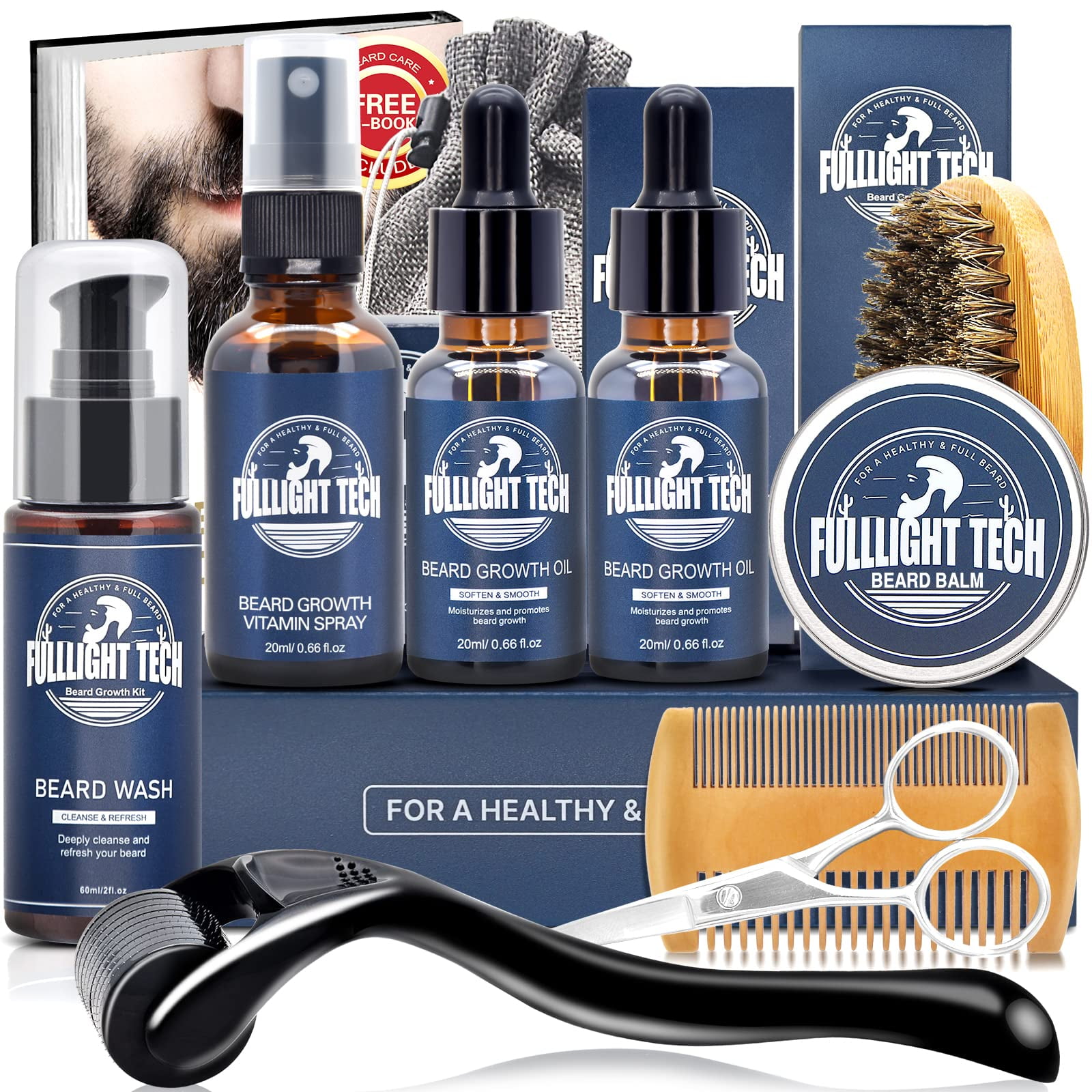 Beard Growth Kit,Beard Grooming Kit,Beard Kit W/Beard Roller,Beard Growth Oil,Beard Wash, Beard Balm,Comb,Brush,Shaving Scissors,Bag,E-Book,Stocking Stuffers Birthday Gifts for Fathers Dad Men Him