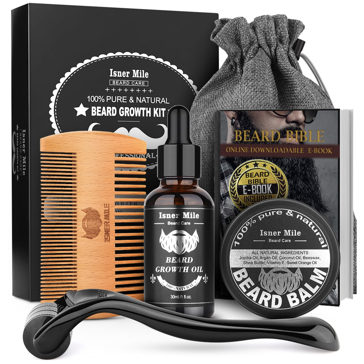 Beard Growth Kit, Beard Oil for Beard, Beard & Mustache Facial Hair Growth, Conditioner Balm, Handmade Comb, Storage Bag, Gifts for Men Him Dad Father Boyfriend