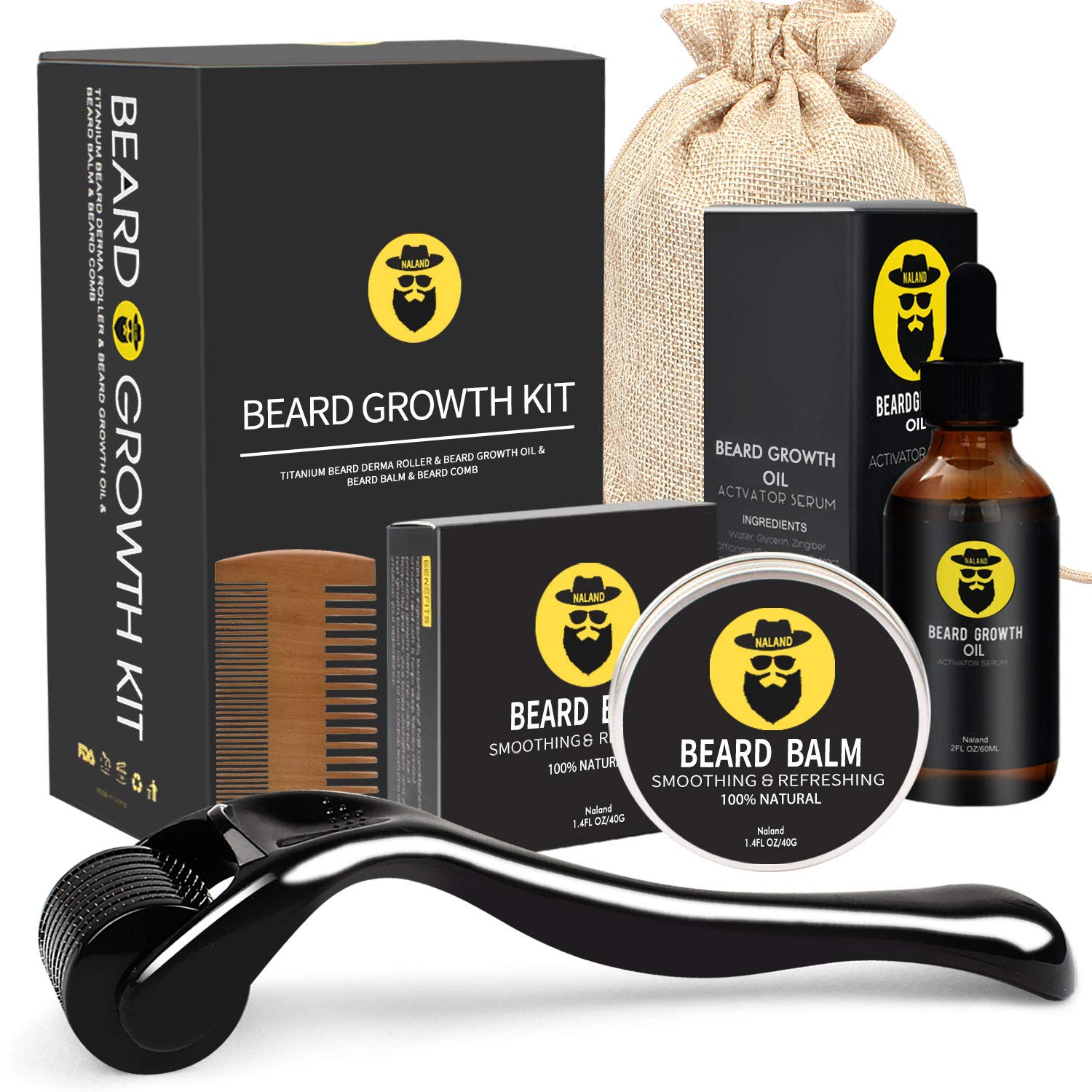 Beard Growth Kit - Derma Roller for Beard Growth, Beard Growth Serum Oil, Beard Balm and Comb, Stimulate Beard and Hair Growth - Gifts for Men Dad Him Boyfriend Husband Brother - image 1 of 3