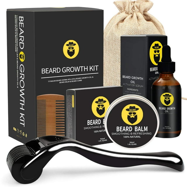Beard Growth Kit - Derma Roller for Beard Growth, Beard Growth Serum Oil, Beard Balm and Comb, Stimulate Beard and Hair Growth - Gifts for Men Dad Him Boyfriend Husband Brother
