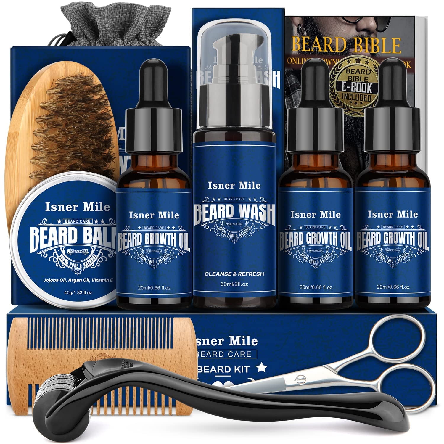 Beard Growth Kit - Beard Kit with Beard Roller, Beard Growth Oil, Beard Wash, Beard Balm, Beard Brush, Comb, Shaving Scissors, Bag, eBook, Birthday Gifts for Father Boyfriends Dad Men Him