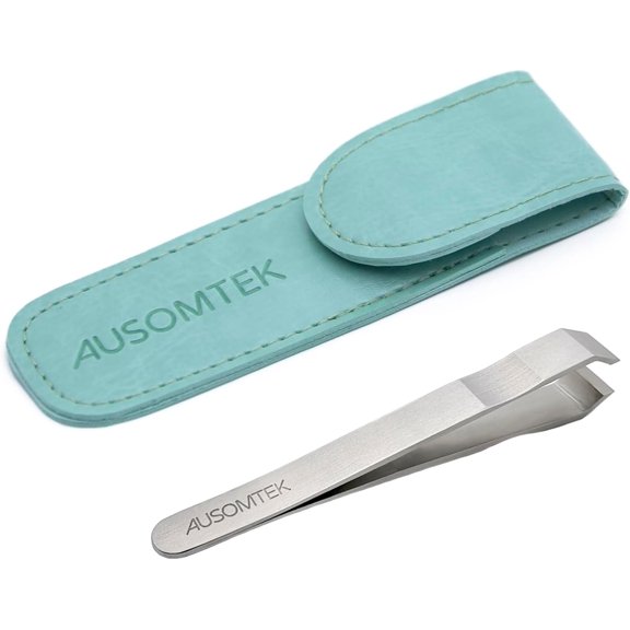 Beard & Hair Plucking Tweezers, Fine Eyebrow Tool, Stainless Steel, 10mm Tip, Anti-Slip Slot Design, Cyan PU Case