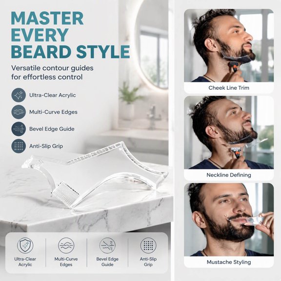 Beard Shaping Styling Template,Plastic Beard Guide Tool,Reusable Beard Stencil,Portable Grooming Accessory,Men Shaping Helper(White)