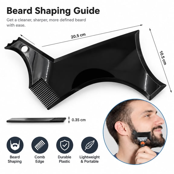 Beard Shaping Template, Plastic Mustache and Beard Styling Guide with Comb Edge, Black, 20.5 x 10.5 x 0.35 cm