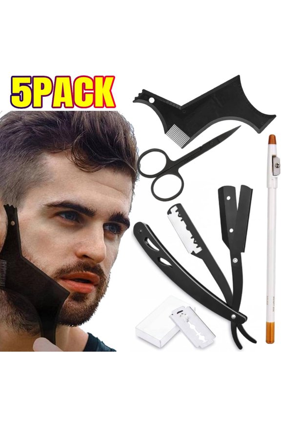 Beard Shaping Tool, 5 Piece Set Beard shaper - include Professional Straight Edge Razor,Beard Template,10 Count of Double Edge Blades,Barber Pencil and Stainless Steel Scissors.