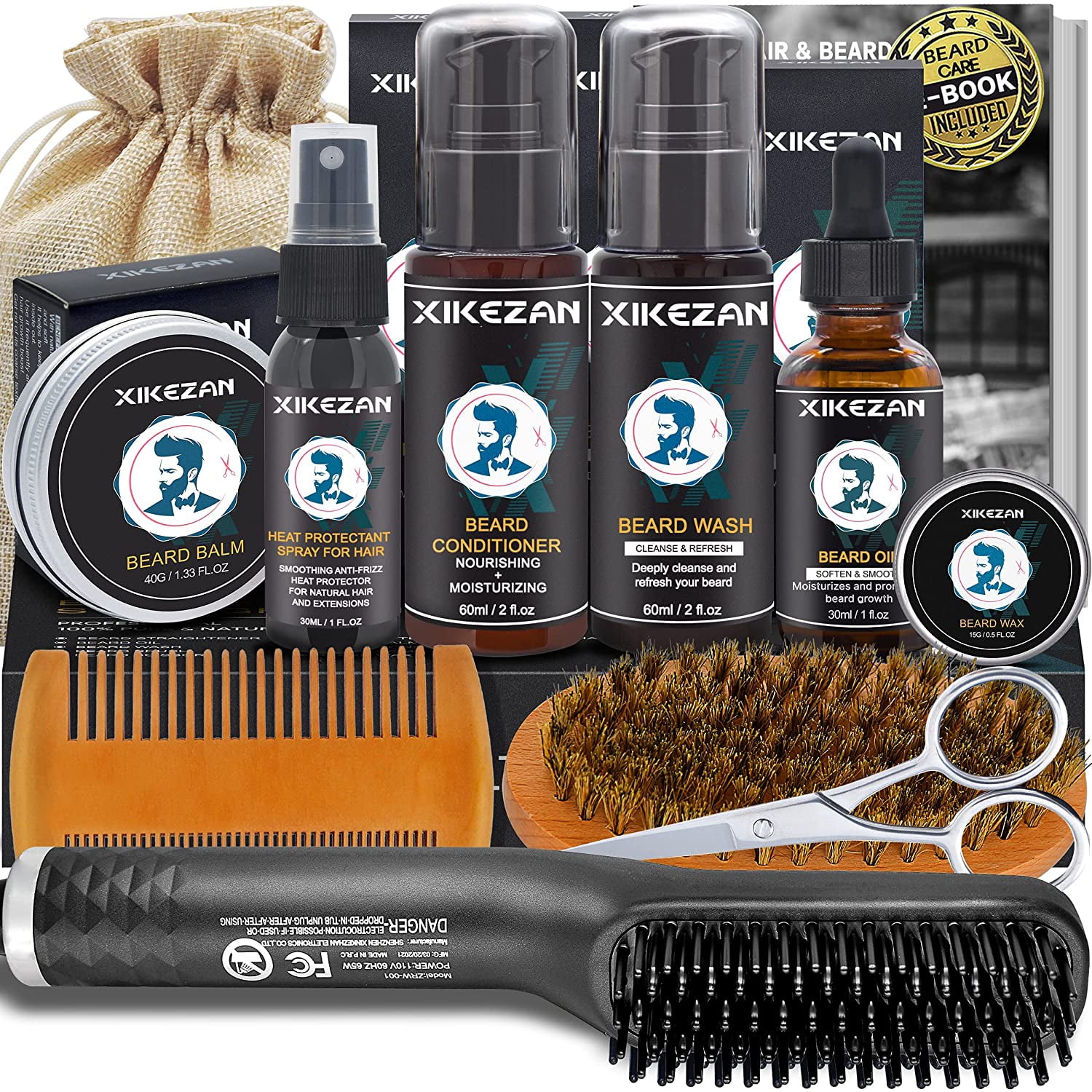 Beard Straightener,Beard Grooming Kit W/Heat Protectant Spray,Beard  Wash,Conditioner,Oil,Balm,Wax,Comb,Brush,Scissors,Unique Gifts for Men Dad