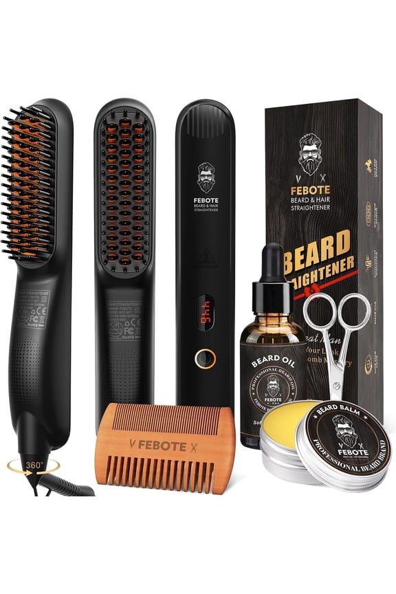 Beard Care Kit for Men Grooming & Straightening Set w/Straightener | Oil | Balm | Comb | Scissor | Father's Day Birthday Valentines Gifts | for Him Dad Men Boyfriend | Christmas Stocking Stuffers