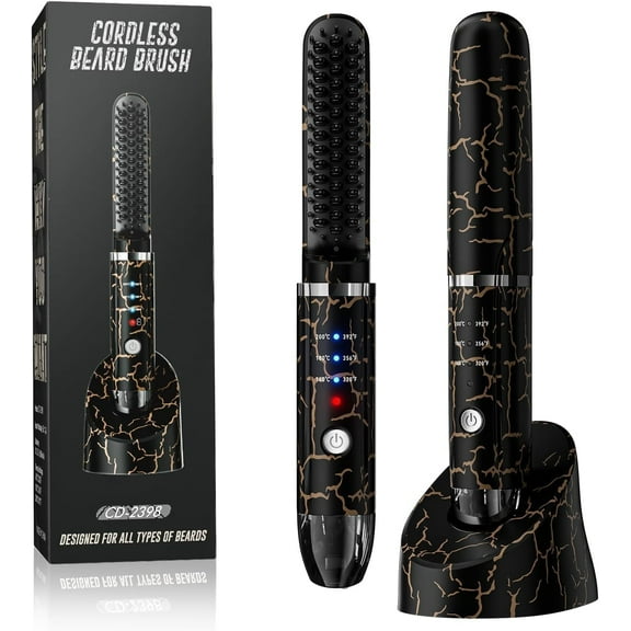 Beard Straightener for Men, Cordless Heated Beard Brush, Portable Beard Hot Combs, Ionic Mini Hair Straightener with 3 Temp Settings, Coarse Curly Hair Brush, Grooming Kit for Men