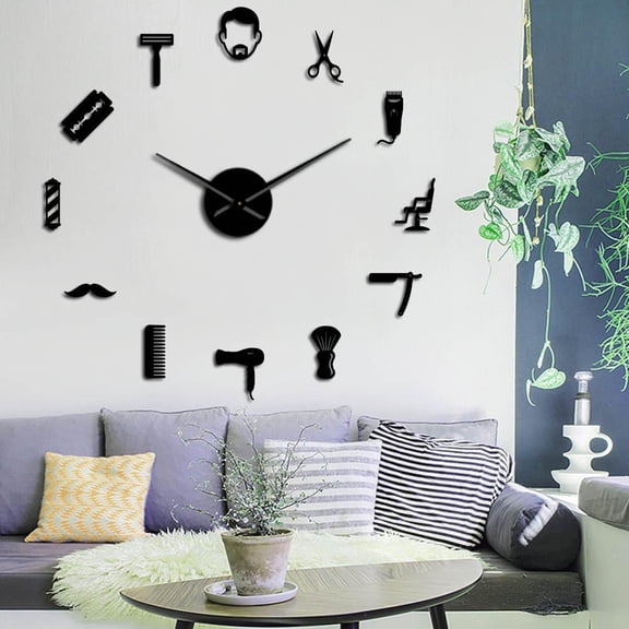 Beard Style Barber Shop Large Size Wall Clock Male Hairstyle Mustache Bearded Man Barber Tools Decorative DIY Giant Wall Watch(Black,47inch)