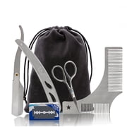 Beard Template and Shaping Tools Set for Men, Straight Edge Razor, Beard Comb, Stainless Steel Scissor Mustache Lineup Tools