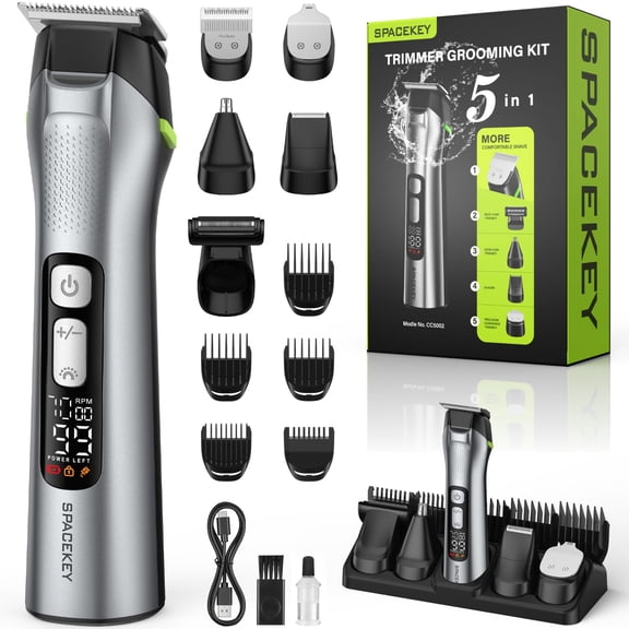 Beard Trimmer for Men, 15 Pieces Mens Grooming Kit, 5 in 1 Stainless Steel Blade Cordless Hair Clippers, 150-Min Long Runtime, IPX7 Waterproof, 3 Speeds Body Hair Trimmer for Nose, Ear, Face, Chest