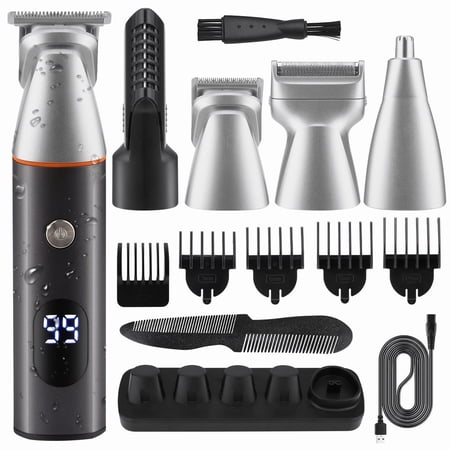 Beard Trimmer for Men,5 in 1 Cordless Hair Trimmer Kit,Waterproof Nose Hair Trimmer Electric Mustache Hair Clippers,Body Shaver Grooming Kit for Men,USB Rechargeable and LED Display Hair Cutting Kit