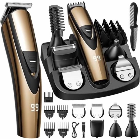 Beard Trimmer for Men: Professional Barber Hair Clippers - 12-in-1 Cordless Grooming Kit - Waterproof Electric Razor with Turbo Speed & Precision Blades, Gold