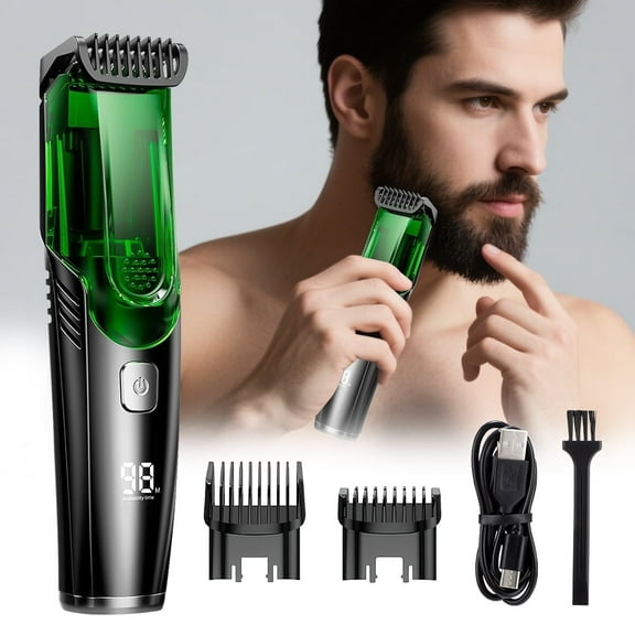 Beard Trimmer for Men, Vacuum Mustache Trimmer, IPX7 Waterproof, Electric Beard Cutting Kit with Adjustable Length Comb, 2-Speed, Built-in Vacuum for Sideburns, Stubble