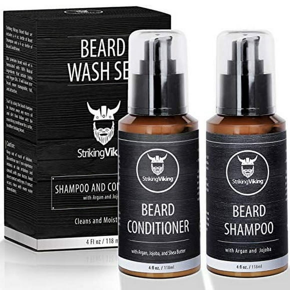 Beard Wash Shampoo and Conditioner Set for Men - Cleanse and Softens with Shea Butter, Argan and Jojoba Beard Oils, Sulfate Free & Paraben Free, Pack of 2, Striking Viking